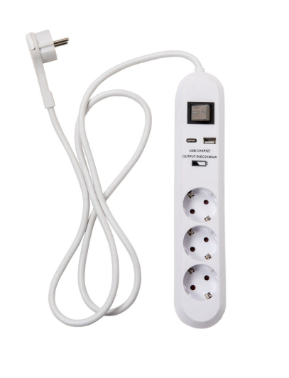 Pikendusjuhe 1,5m 3 pesa+lüliti+2xUSB IP20 valge