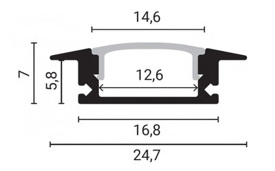 LED alumiiniumprofiil süv. 24,7x7mm 2m must, piimjas kate IP20