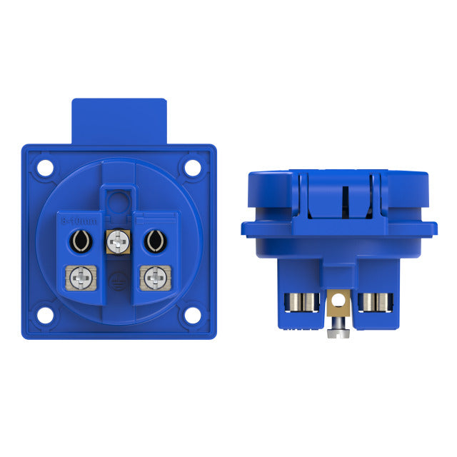 Socket outlet 16A 2P+E 250VAC IP54 blue, rear terminals