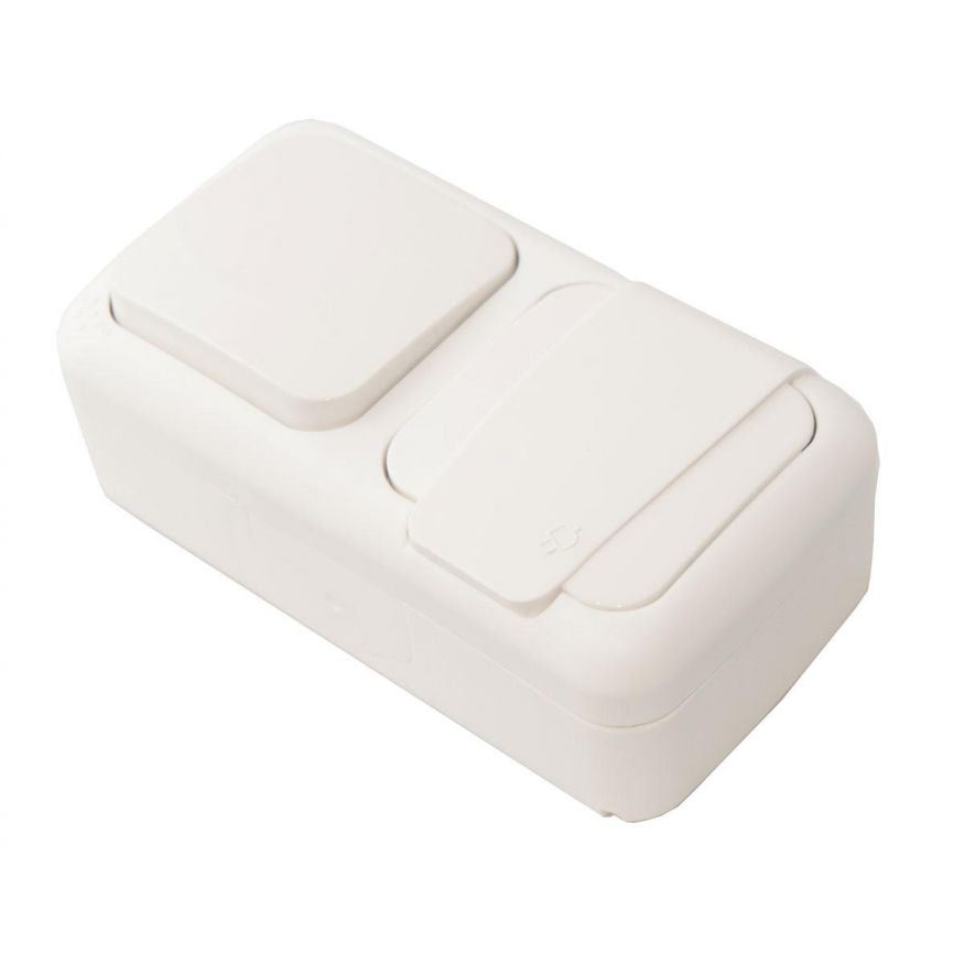 Pistikupesa+lüliti pinnapealne maandusega valge IP54