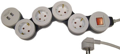 Pikendusjuhe 1,4m 4pesa+lüliti+1xUSB painduv IP20 valge/hall