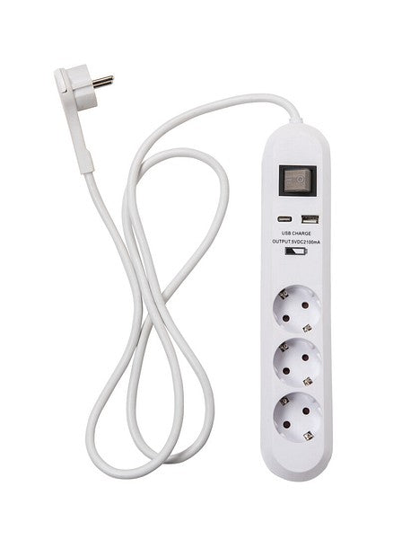 Pikendusjuhe 1,5m 3 pesa+lüliti+2xUSB IP20 valge