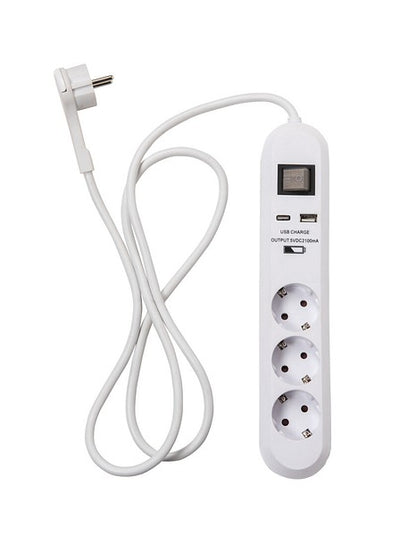 Pikendusjuhe 3 pesaga lüliti ja 2×USB-ga 1,5 m IP20 valge