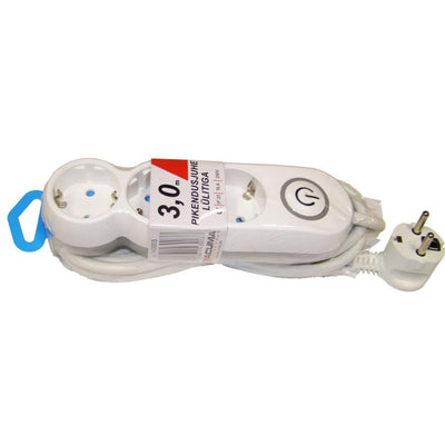 Pikendusjuhe 3m 3 pesa+lüliti IP20 valge/hall