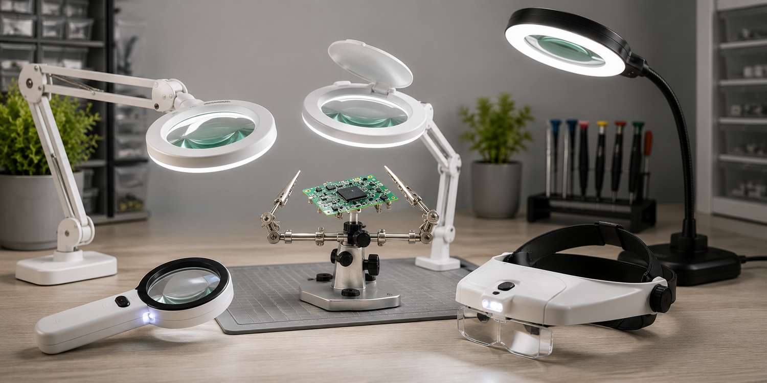 LED-luuplambid ja suurendusluubid elektroonika, käsitöö, lugemise ning täppistööde jaoks, pakkudes täpset suurendust ja kvaliteetset töövalgust.
