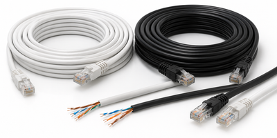 Valged ja mustad CAT võrgukaablid ning RJ45 otsadega patch-kaablid