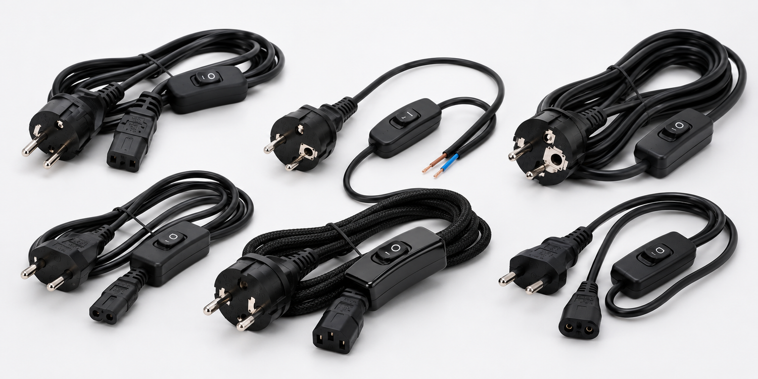 Pistiku ja lülitiga juhtmed sisseehitatud lülitiga elektriseadmete mugavaks sisse-välja lülitamiseks.