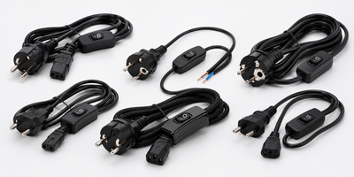Pistiku ja lülitiga juhtmed sisseehitatud lülitiga elektriseadmete mugavaks sisse-välja lülitamiseks.