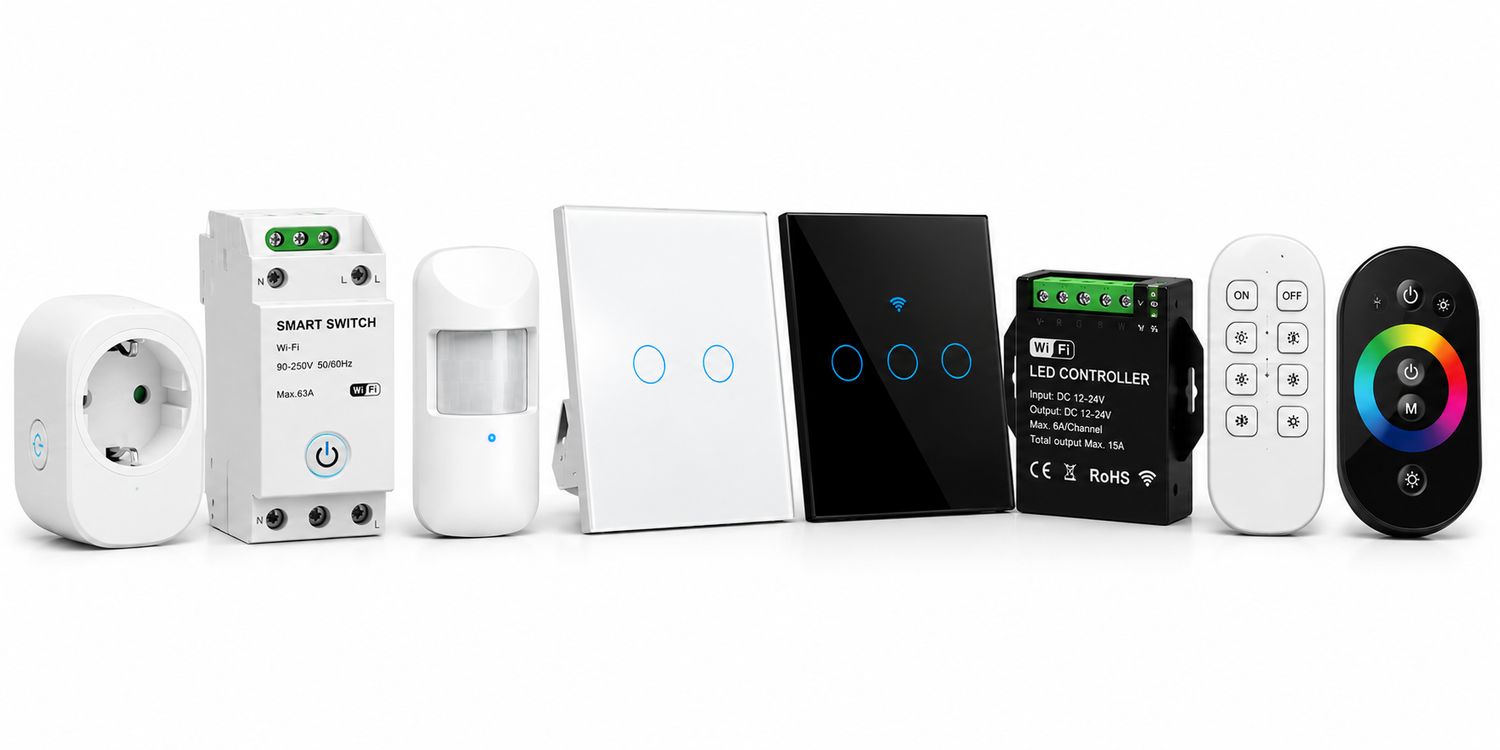 WiFi nutiseadmed, nutilülitid, nutipistikud, andurid ja LED-kontrollerid nutikodu automatiseerimiseks.