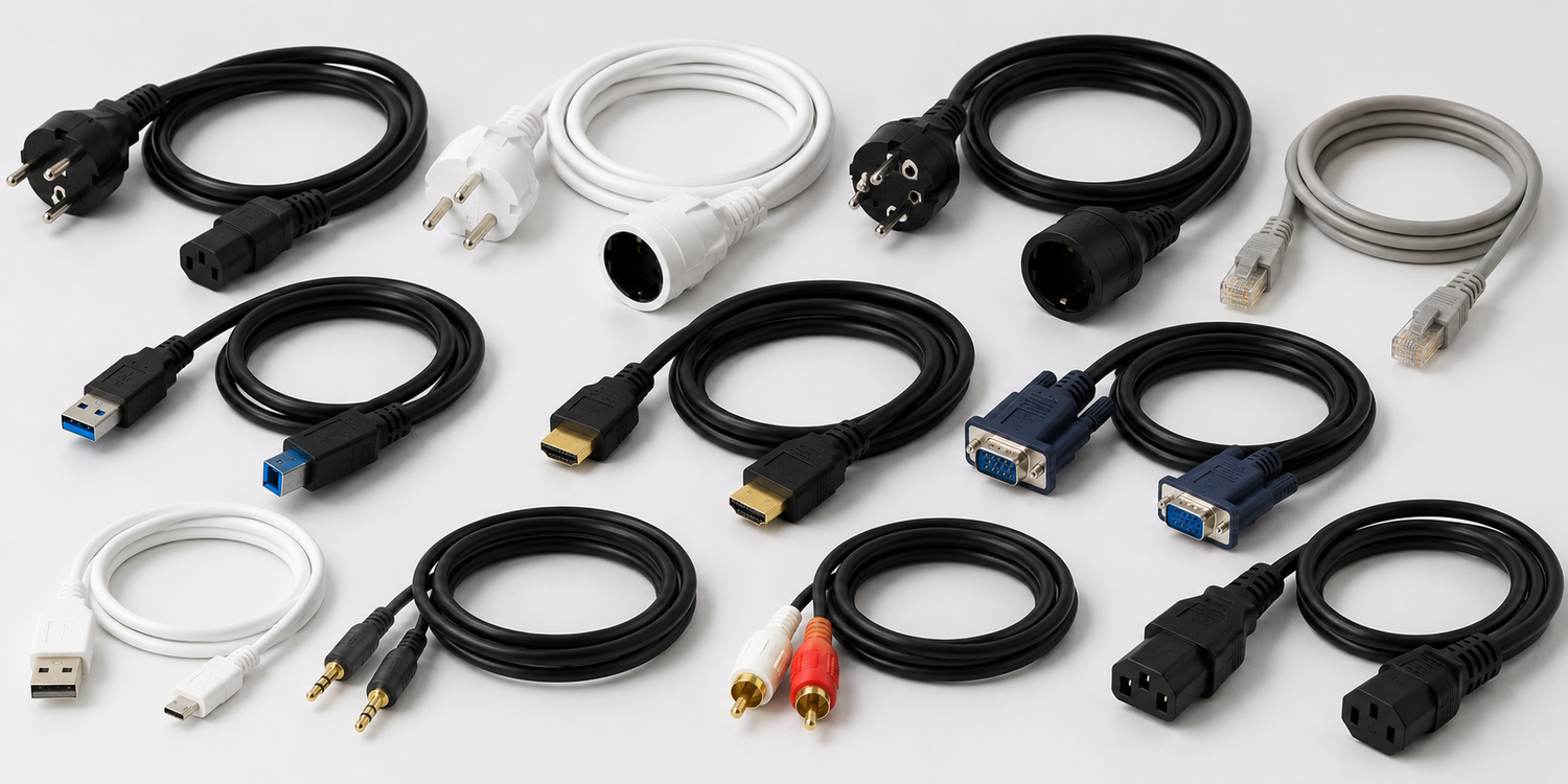 Erinevad 1 meetri pikkused HDMI-, USB-, võrgu-, audio-, video- ja toitekaablid heledal taustal.