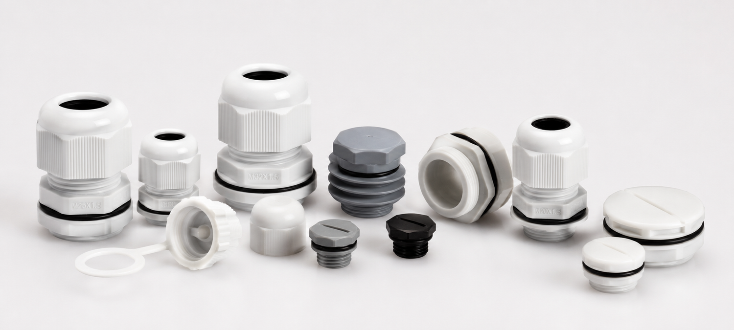 Erinevad plastist läbiviigud, kummiläbiviigud ja otsakorgid elektripaigaldistele heledal neutraalsel taustal.