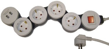 Pikendusjuhe 1,4m 4pesa+lüliti+1xUSB painduv IP20 valge/hall