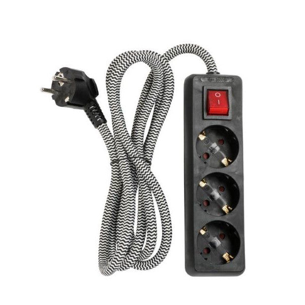 Pikendusjuhe 3 pesaga lülitiga 2 m tekstiilkaabliga IP20 must/valge
