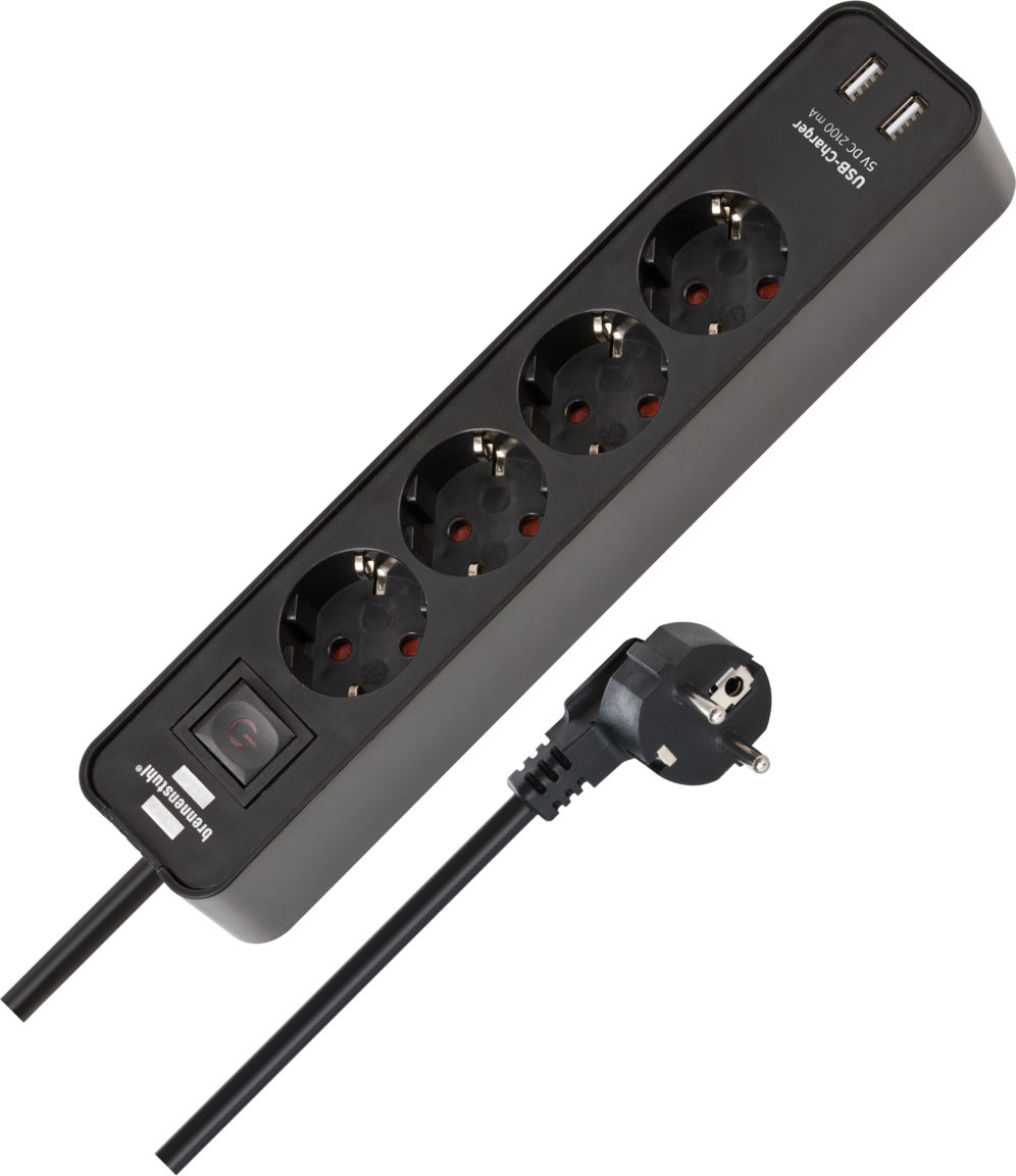 Pikendusjuhe 4 pesaga lüliti ja 2×USB-ga 1,5 m H05VV-F 3G1,5 mm² IP20 must